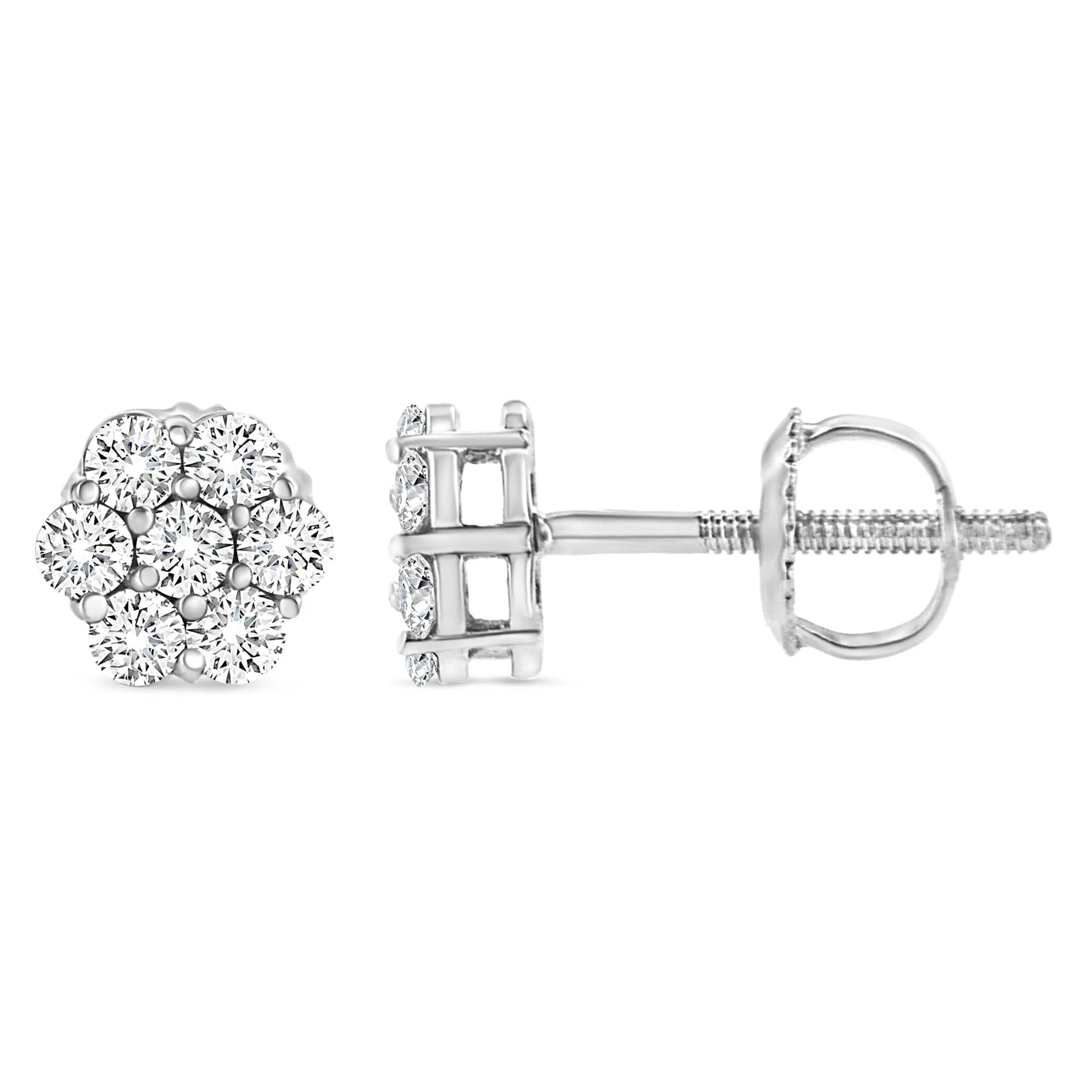 14K White Gold 1/3 Cttw Floral Cluster Diamond Stud Earrings with Screw backs (I-J Color, SI2-I1 Clarity)