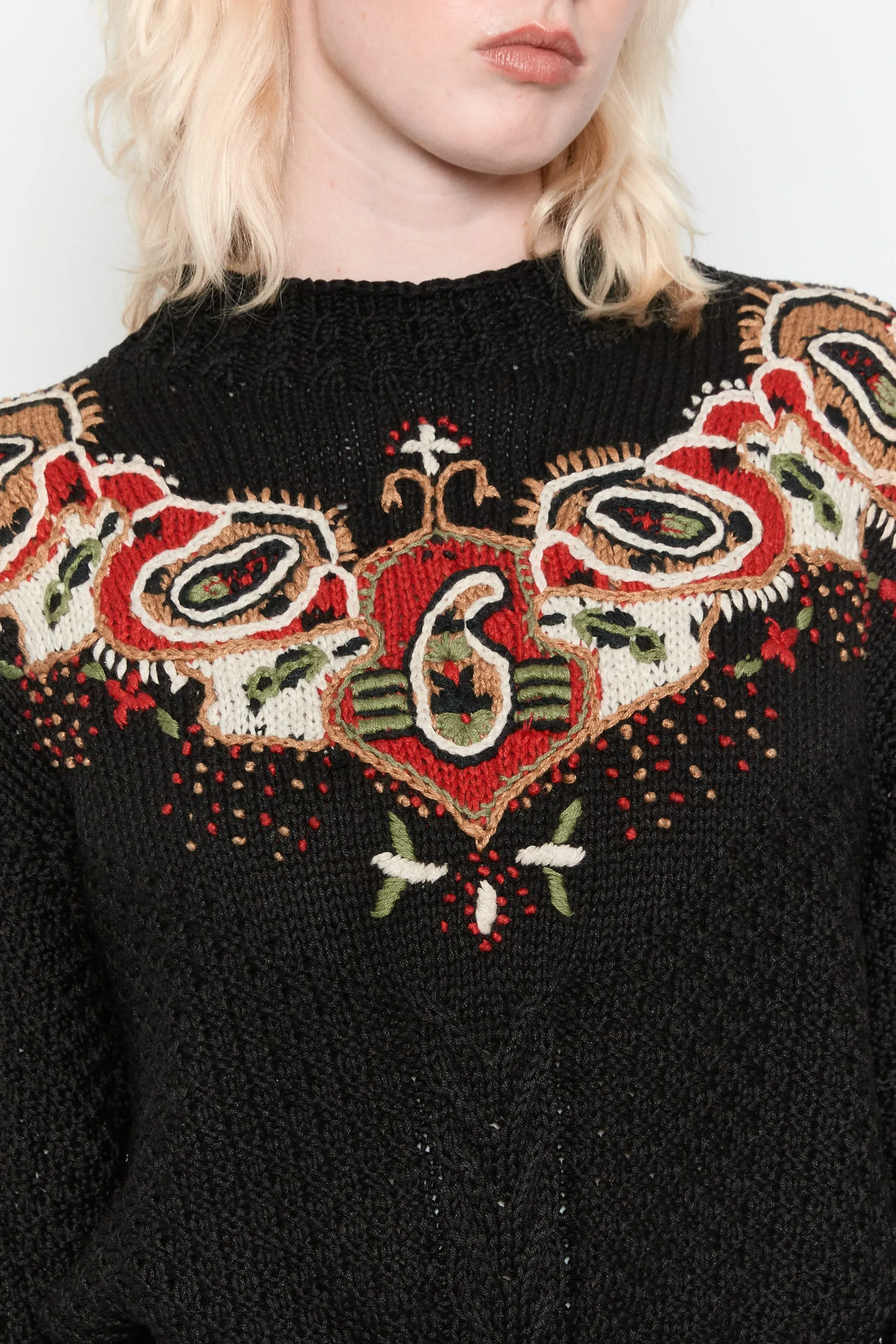 80s Black Paisley Embroidered Sweater L