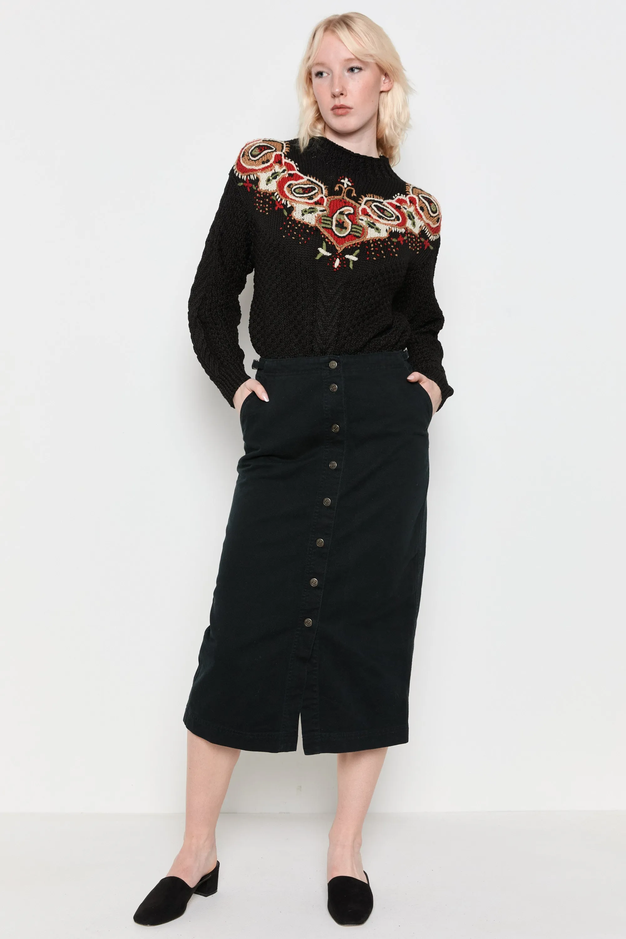 80s Black Paisley Embroidered Sweater L