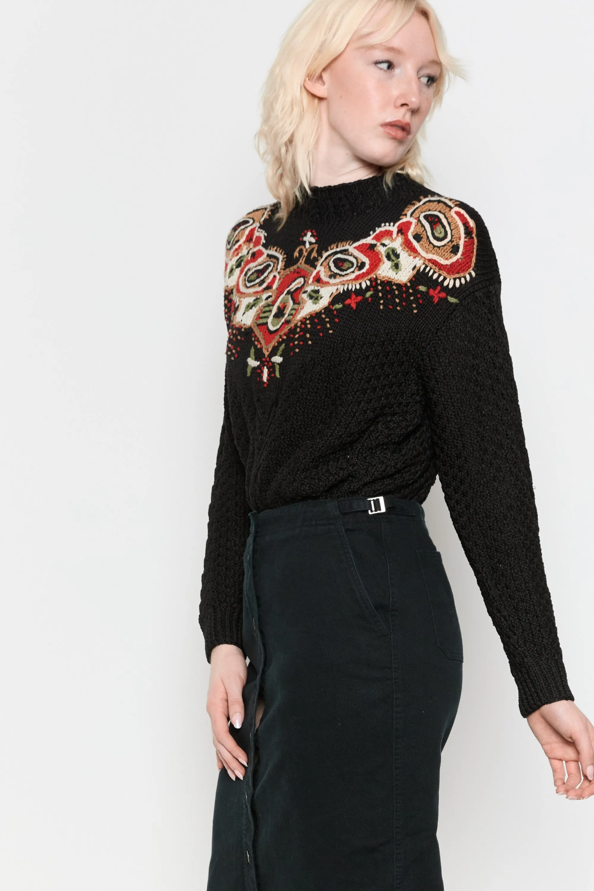 80s Black Paisley Embroidered Sweater L