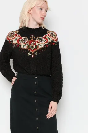 80s Black Paisley Embroidered Sweater L