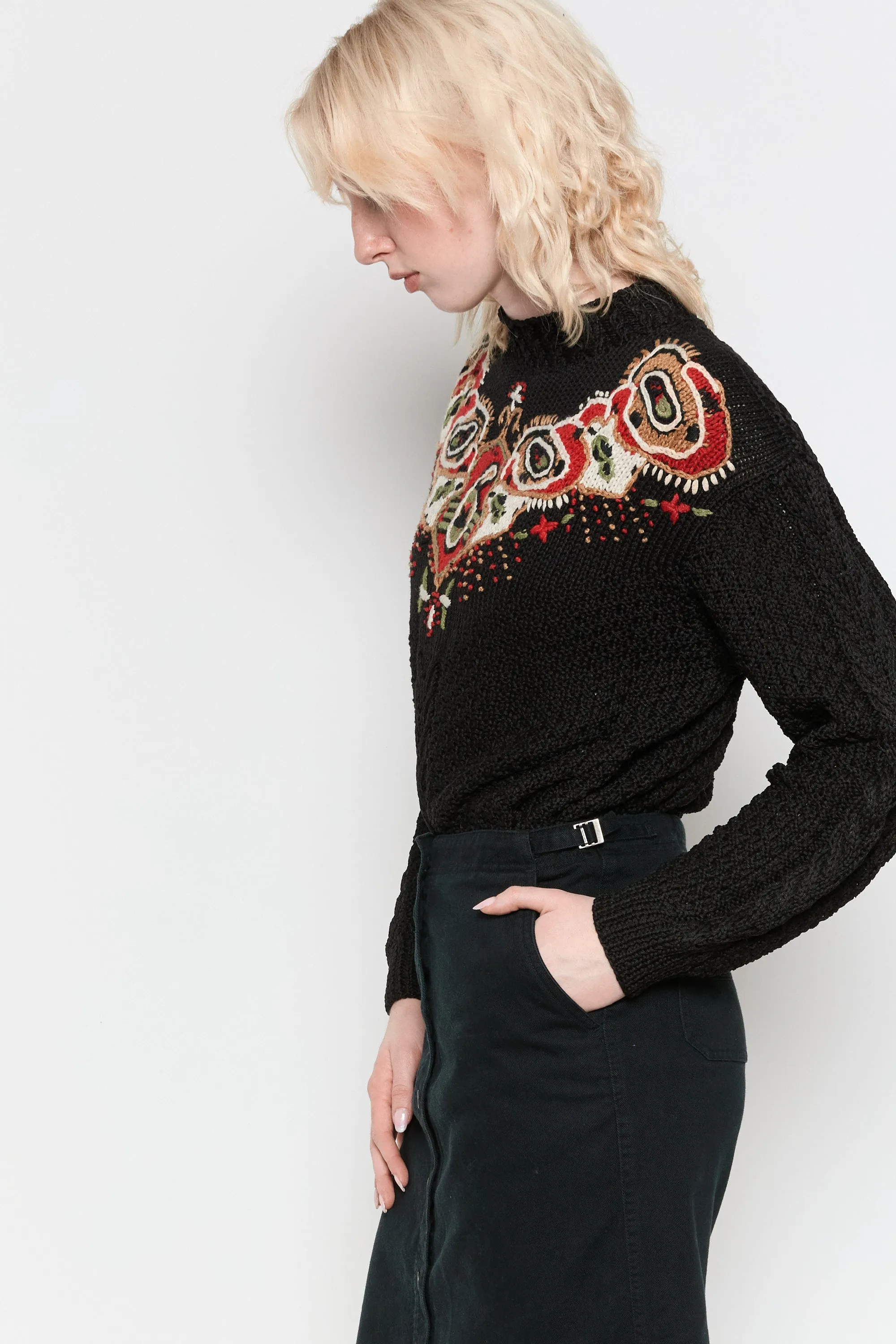 80s Black Paisley Embroidered Sweater L