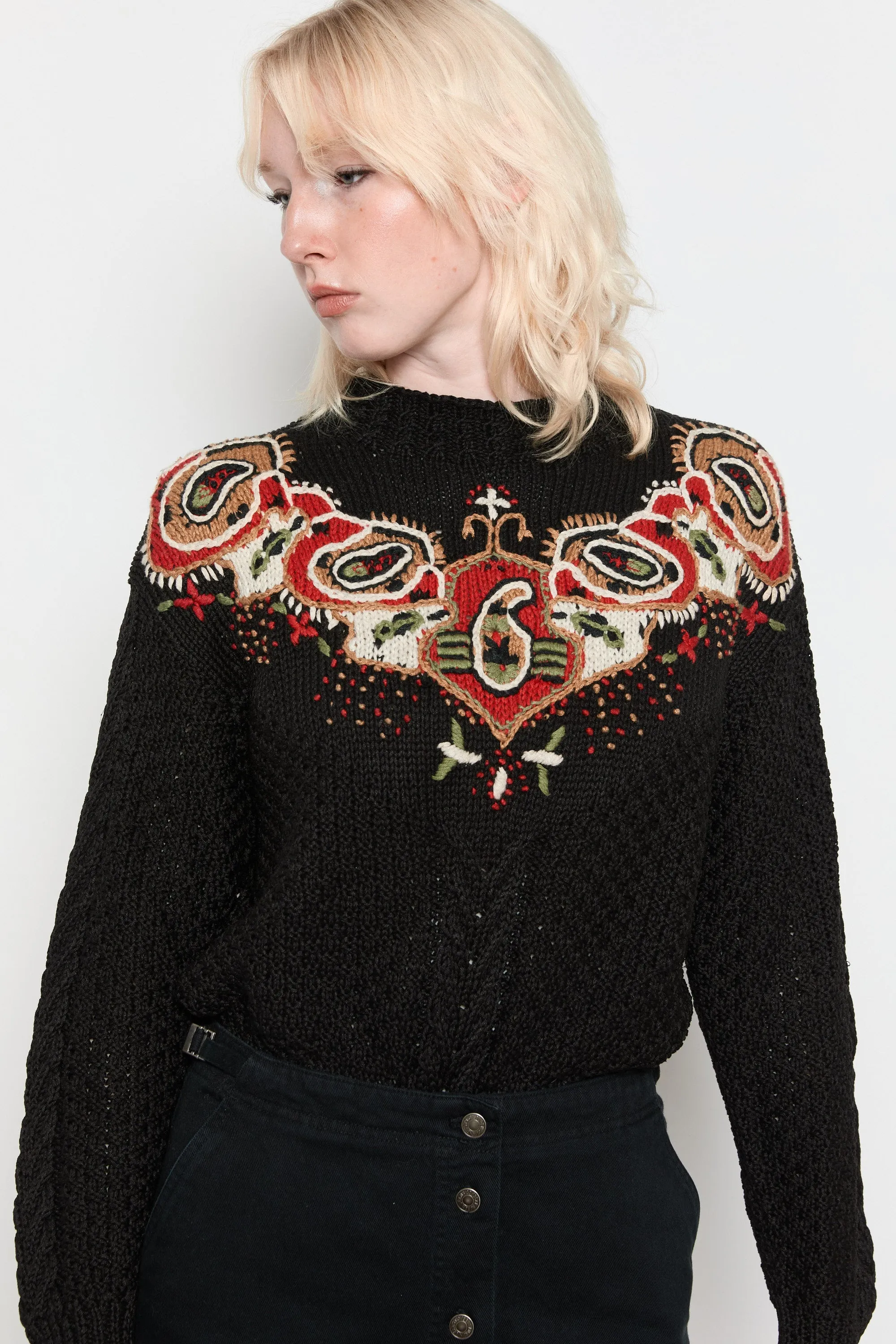 80s Black Paisley Embroidered Sweater L