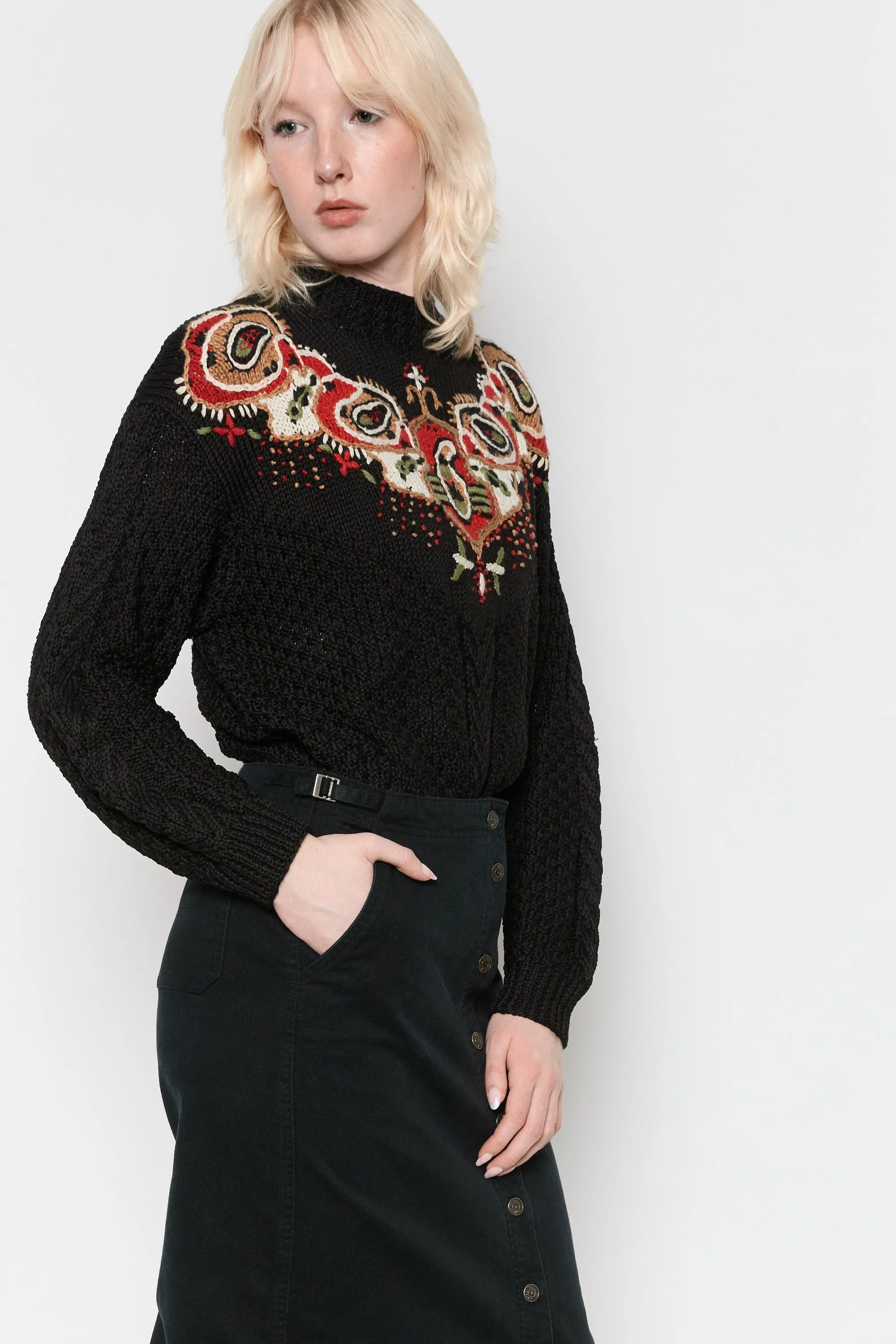80s Black Paisley Embroidered Sweater L