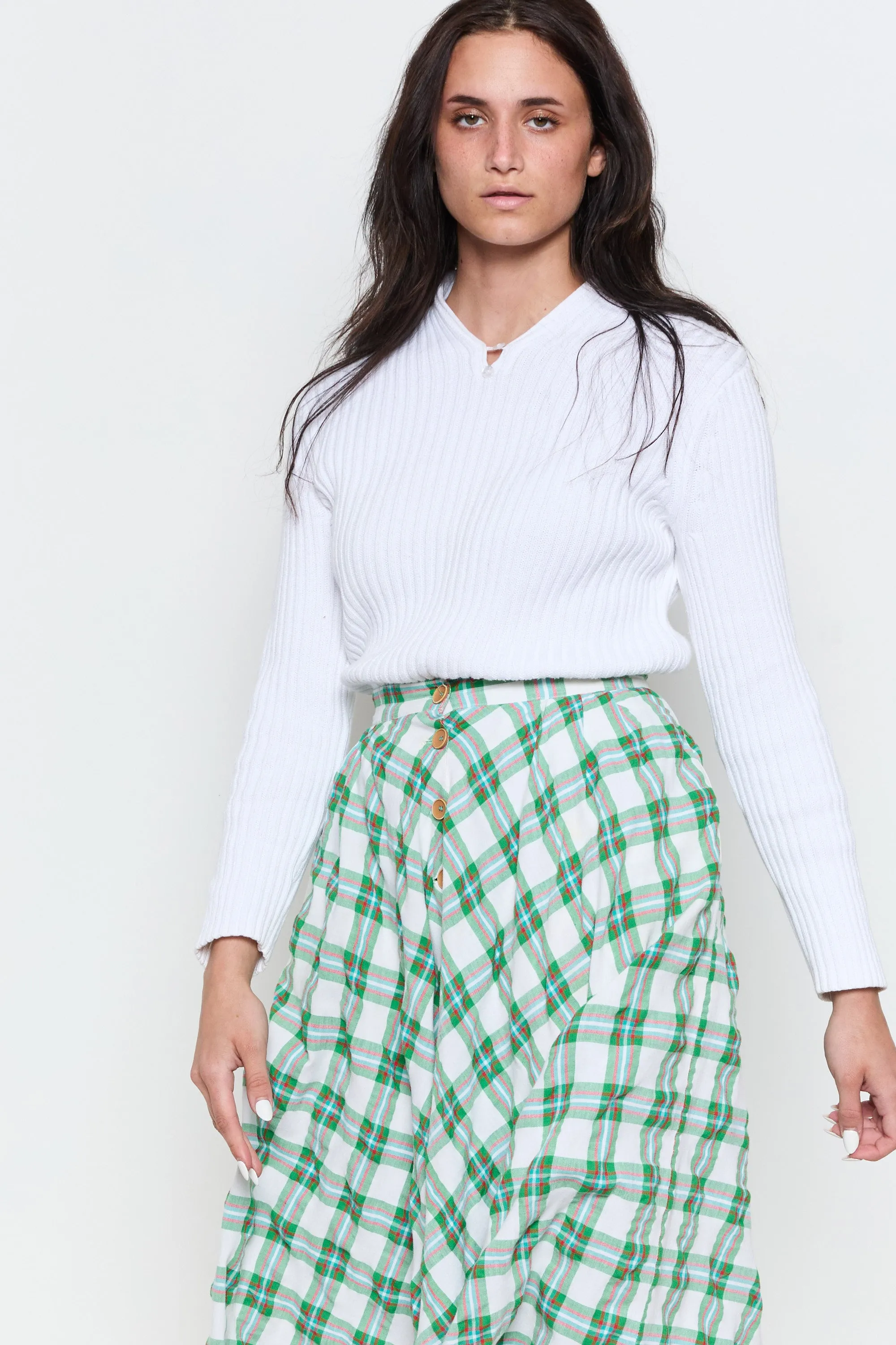 90s White Henley Ribbed Knit Sweater Top M