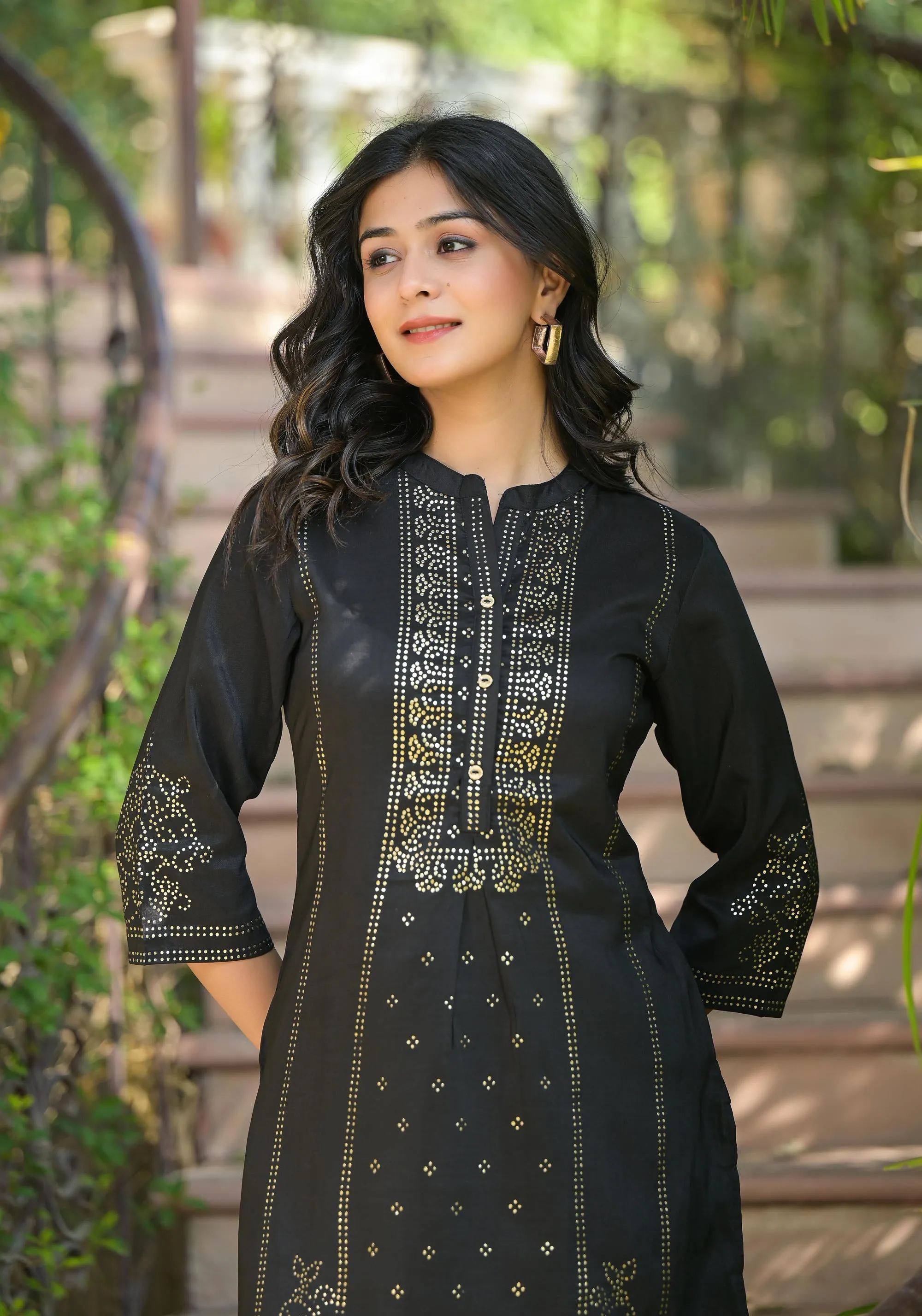 Black Ethnic Motif Printed Silk Tunic With Buttons
