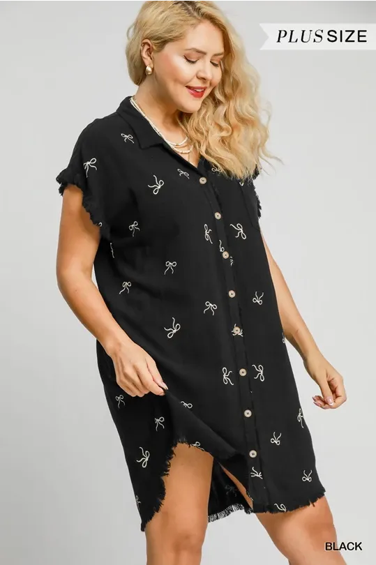 Black with Embroidered Ribbons Shirt Dress