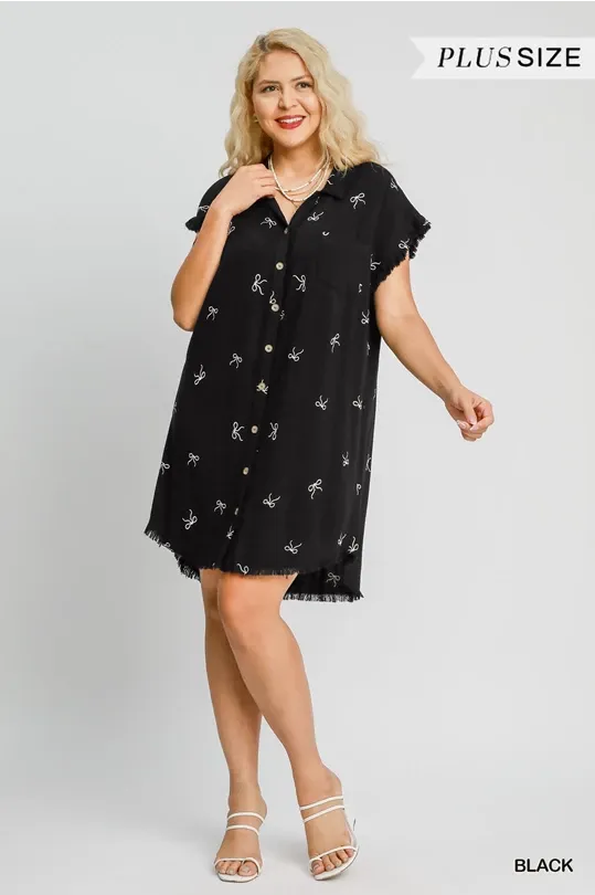 Black with Embroidered Ribbons Shirt Dress