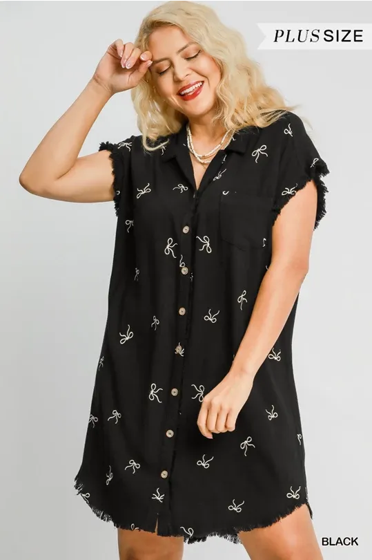 Black with Embroidered Ribbons Shirt Dress