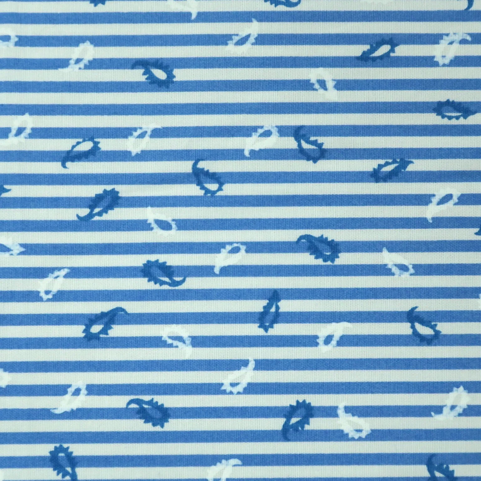 Blue and White Stripe and Paisley Cotton Fabric