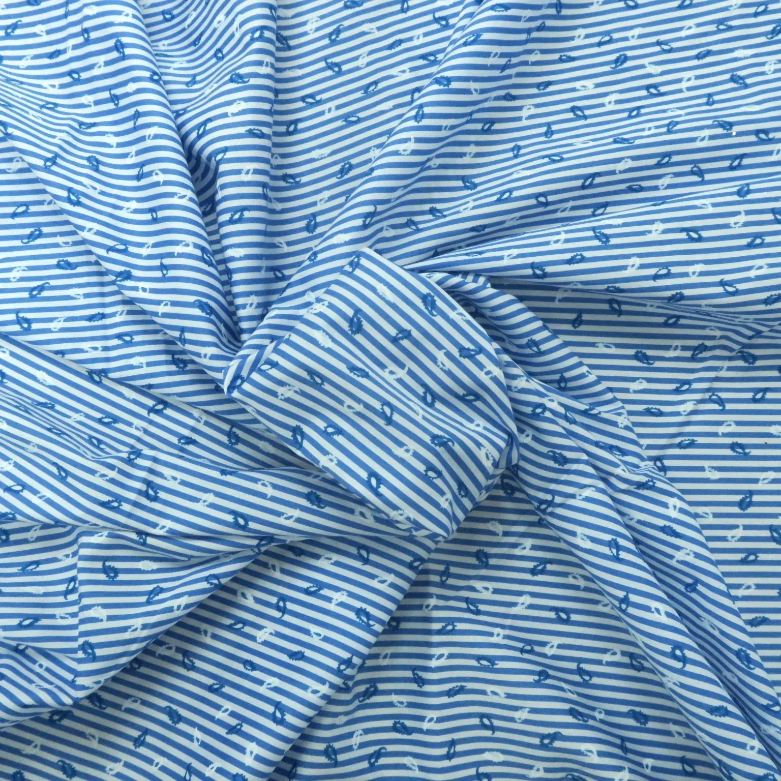 Blue and White Stripe and Paisley Cotton Fabric