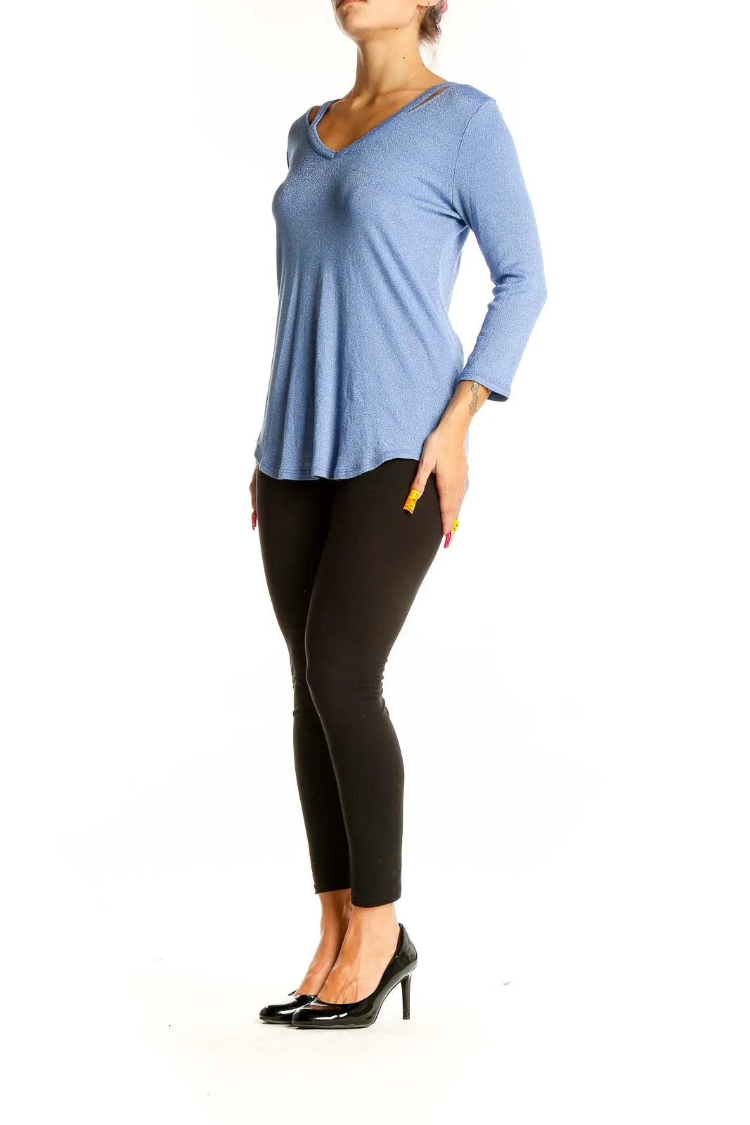 Blue Cotton-Blend V-Neck Knit Top