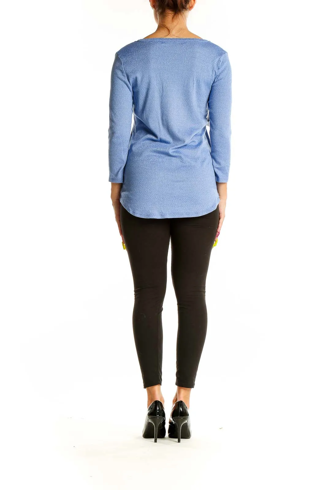 Blue Cotton-Blend V-Neck Knit Top