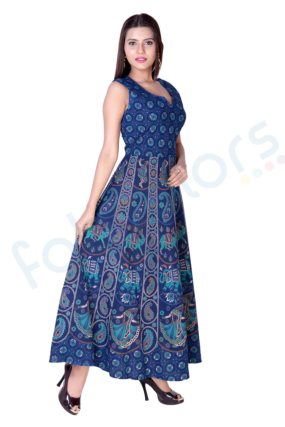 Cotton Rajasthani Blue Base Print Maxi