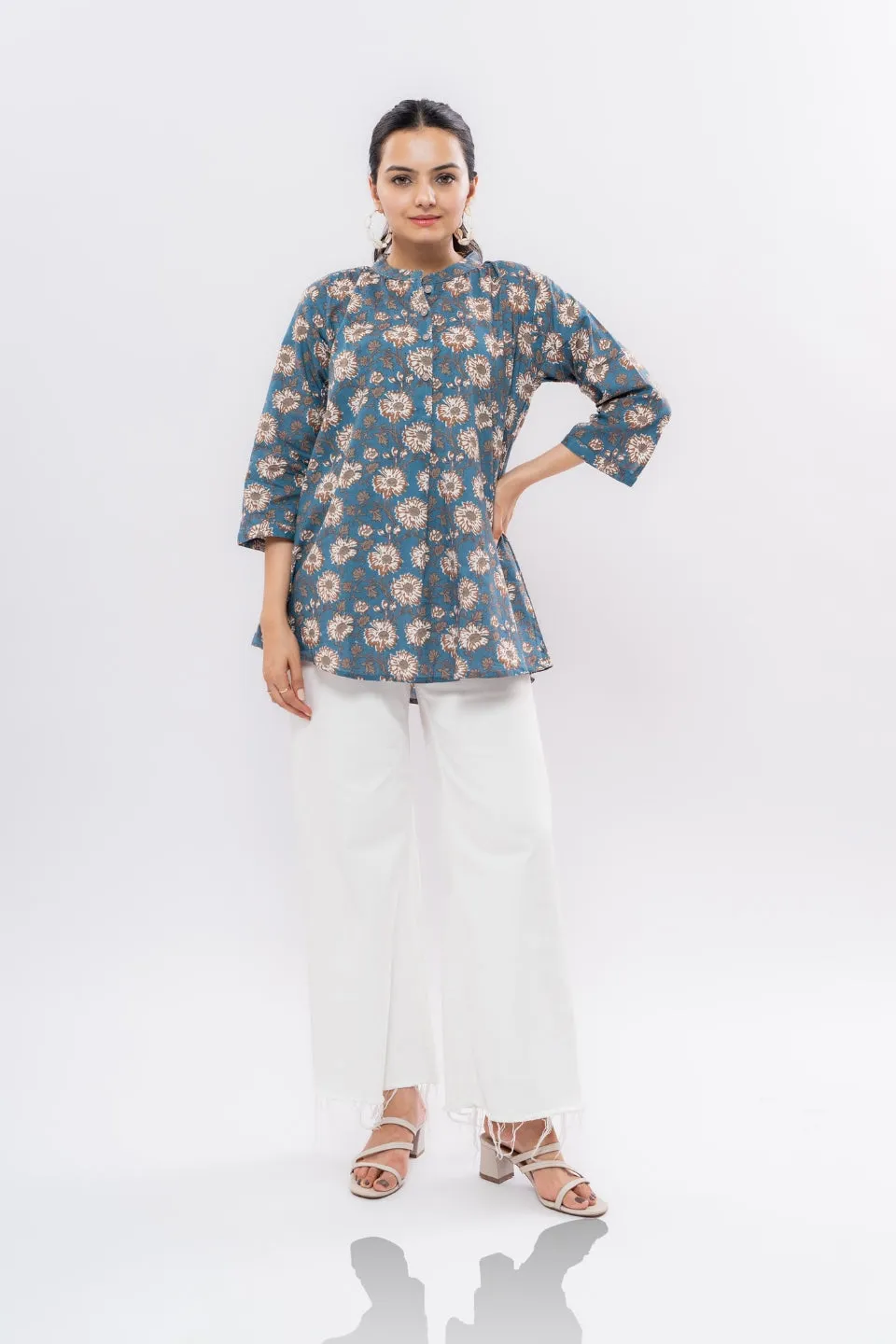 Ekisha's women blue designer multicolor printed cotton tunic top short kurti