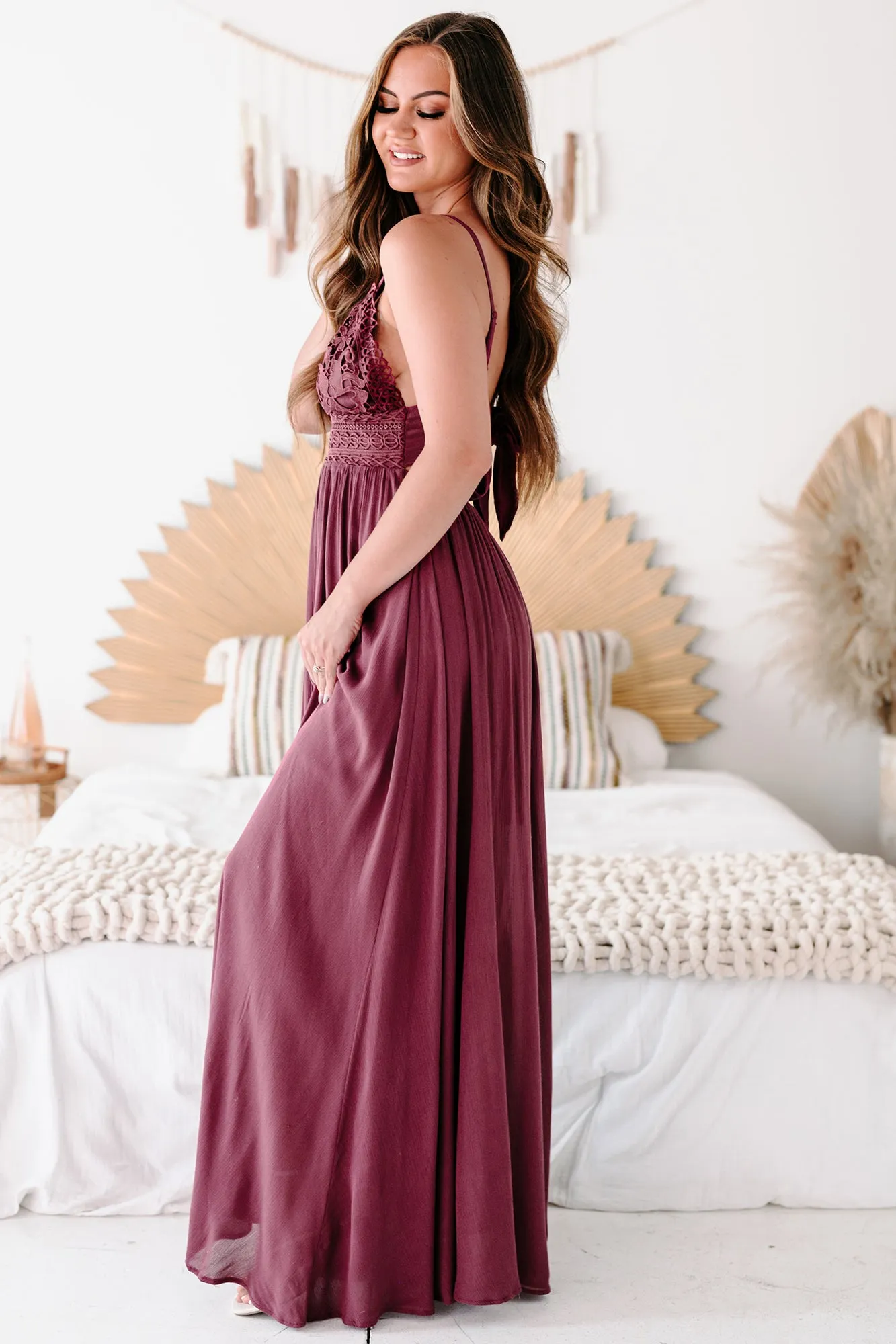 Farryn Tie-Back Crochet-Lace Maxi Dress (Wine)