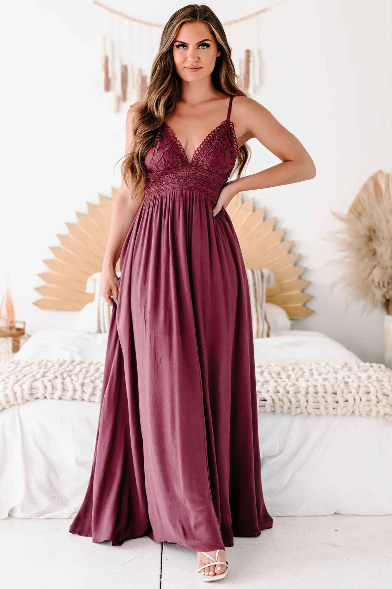 Farryn Tie-Back Crochet-Lace Maxi Dress (Wine)