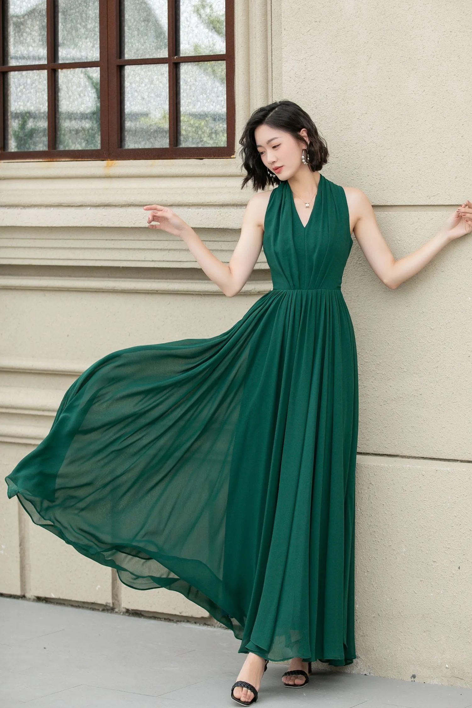 Green maxi halter chiffon party dress 5175