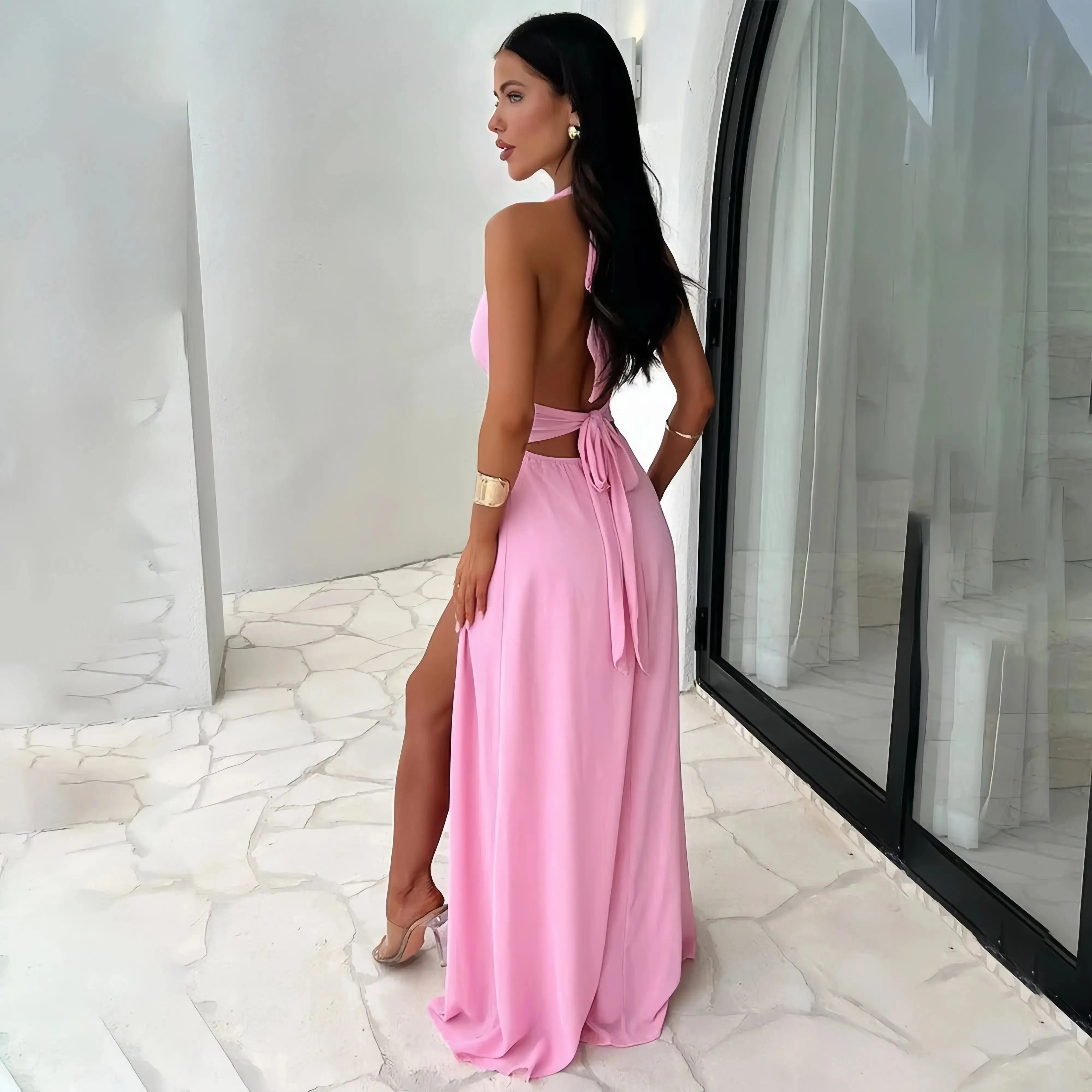 Halterneck Plunge Split Maxi Dress