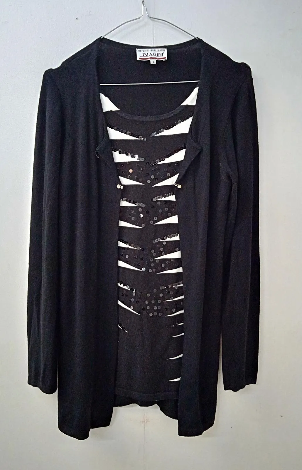 IMAGINI Ladies Black White Sequins Details Pullover Top Jumper Cardigan S