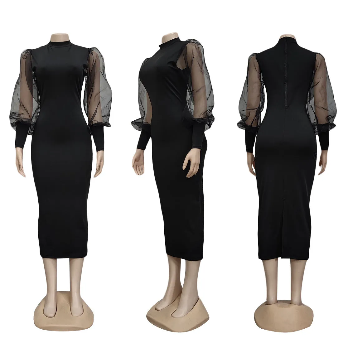 Julia Fashion - Mesh Puff Long Sleeve Bodycon Midi Dress
