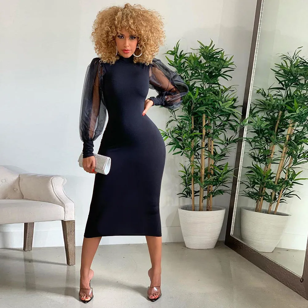 Julia Fashion - Mesh Puff Long Sleeve Bodycon Midi Dress