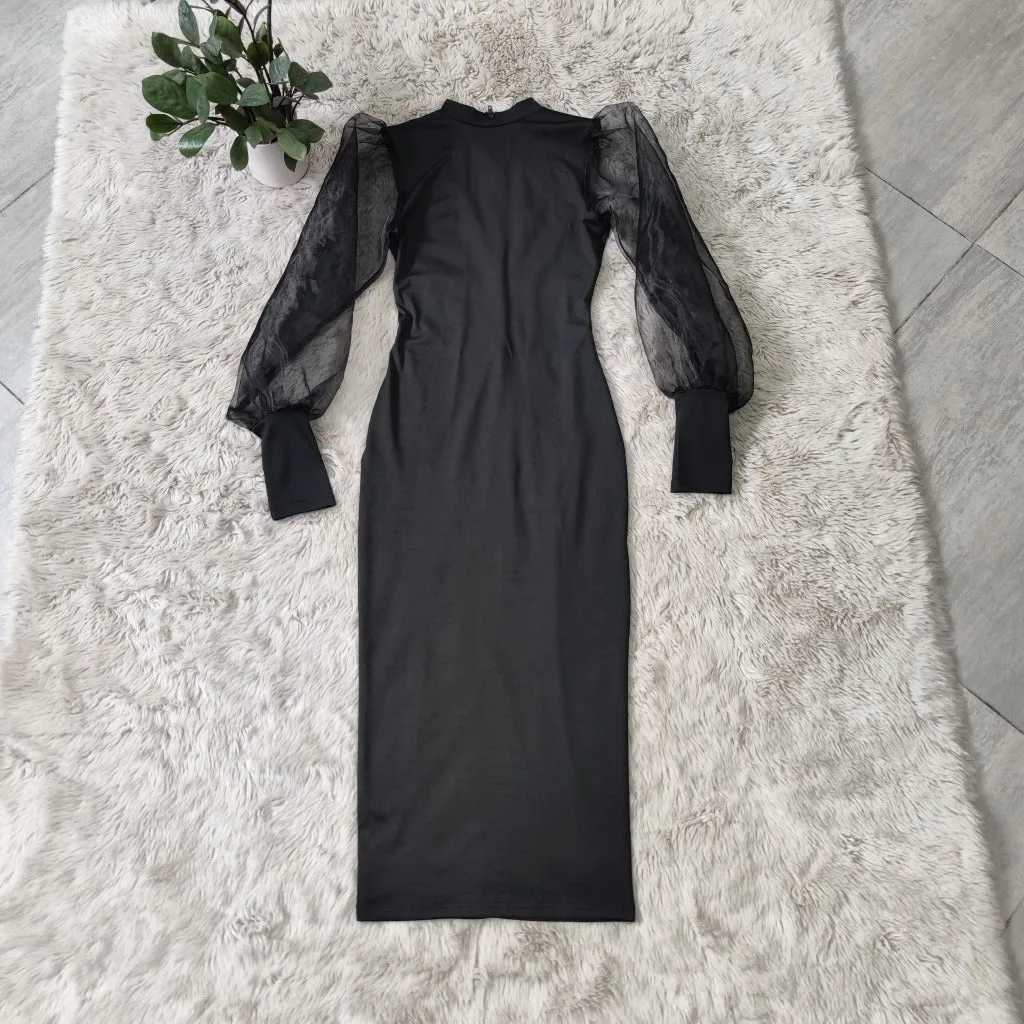 Julia Fashion - Mesh Puff Long Sleeve Bodycon Midi Dress