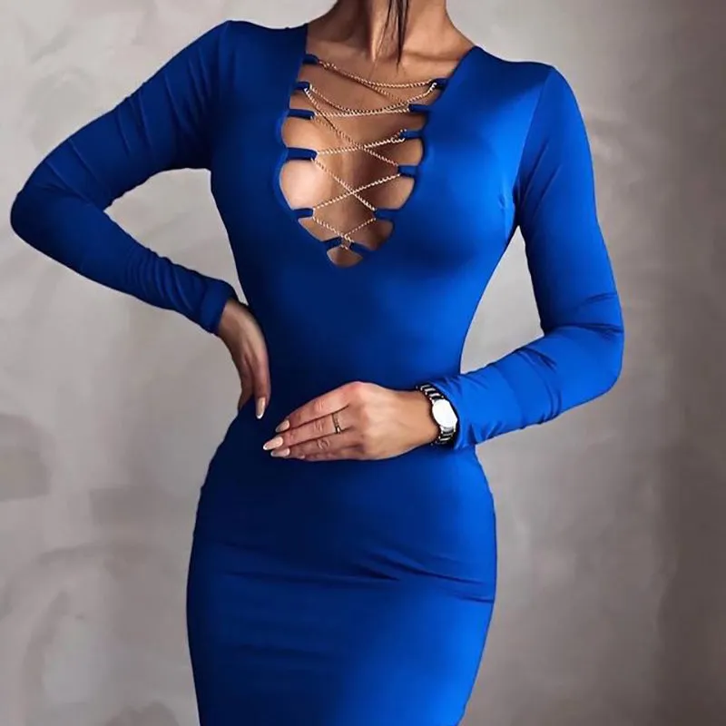 Julia Fashion - Sexy Deep V Neck Bodycon Midi Dress