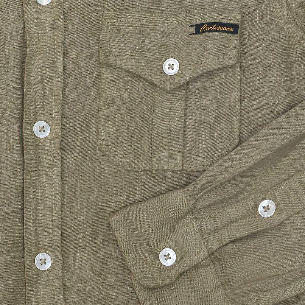 Long Sleeve Officer Linen Shirt Dress - New Khaki