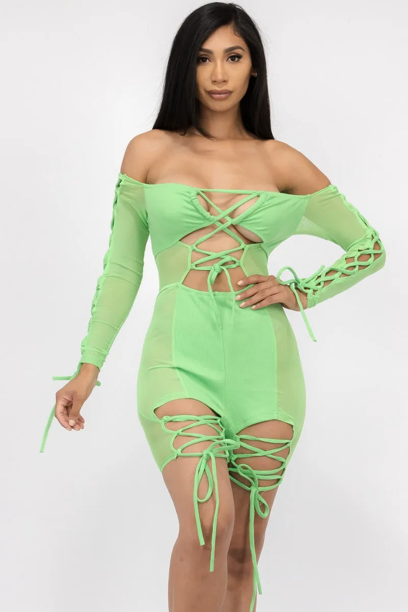MR7977 - SEMI SHEER OFF THE SHOULDER LACE UP ROMPER