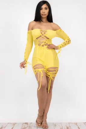 MR7977 - SEMI SHEER OFF THE SHOULDER LACE UP ROMPER