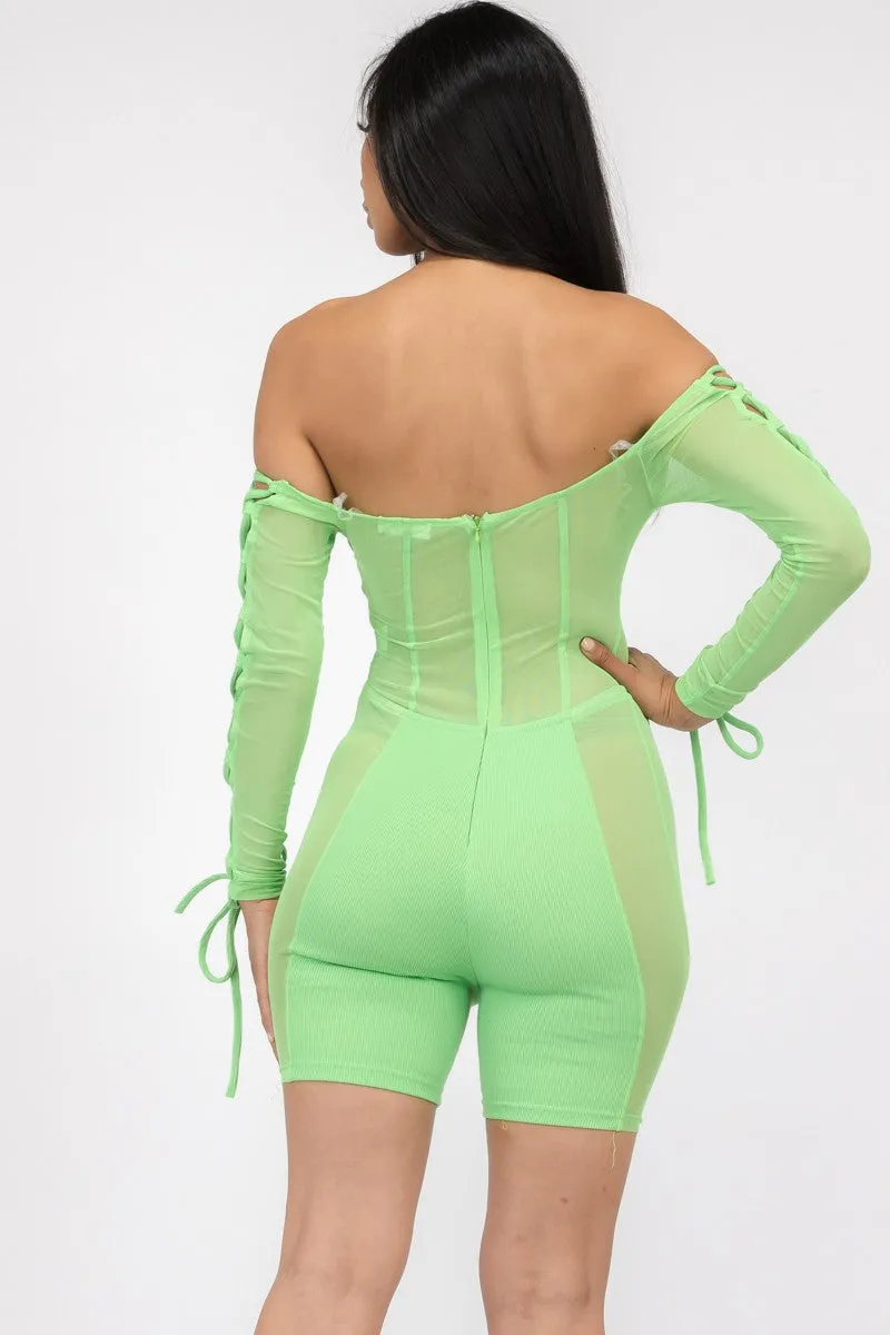MR7977 - SEMI SHEER OFF THE SHOULDER LACE UP ROMPER