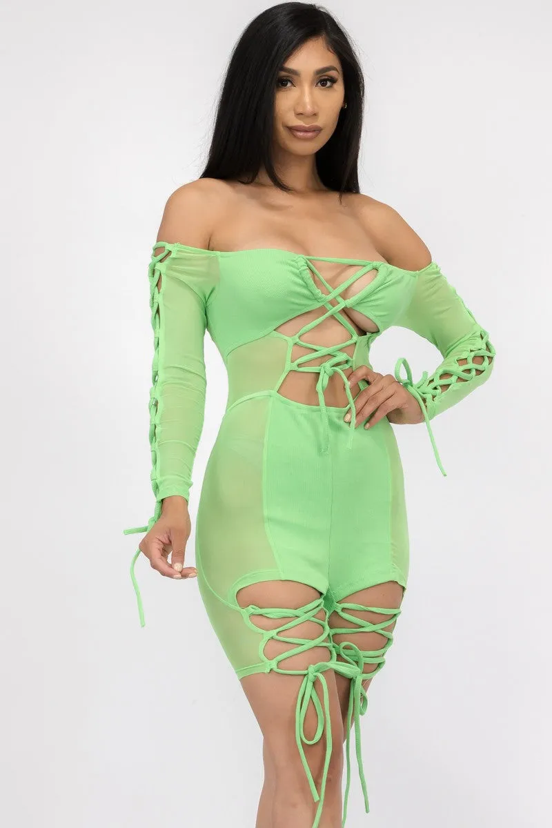 MR7977 - SEMI SHEER OFF THE SHOULDER LACE UP ROMPER