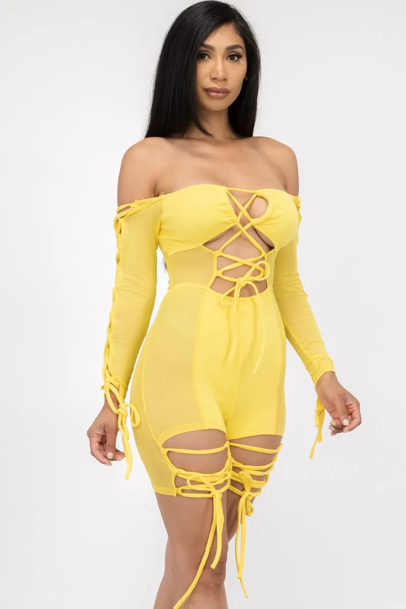 MR7977 - SEMI SHEER OFF THE SHOULDER LACE UP ROMPER
