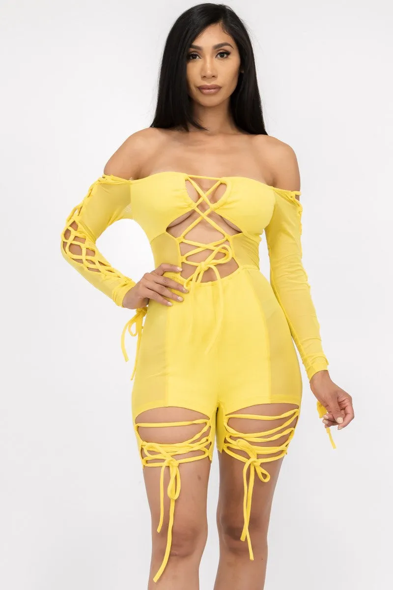MR7977 - SEMI SHEER OFF THE SHOULDER LACE UP ROMPER