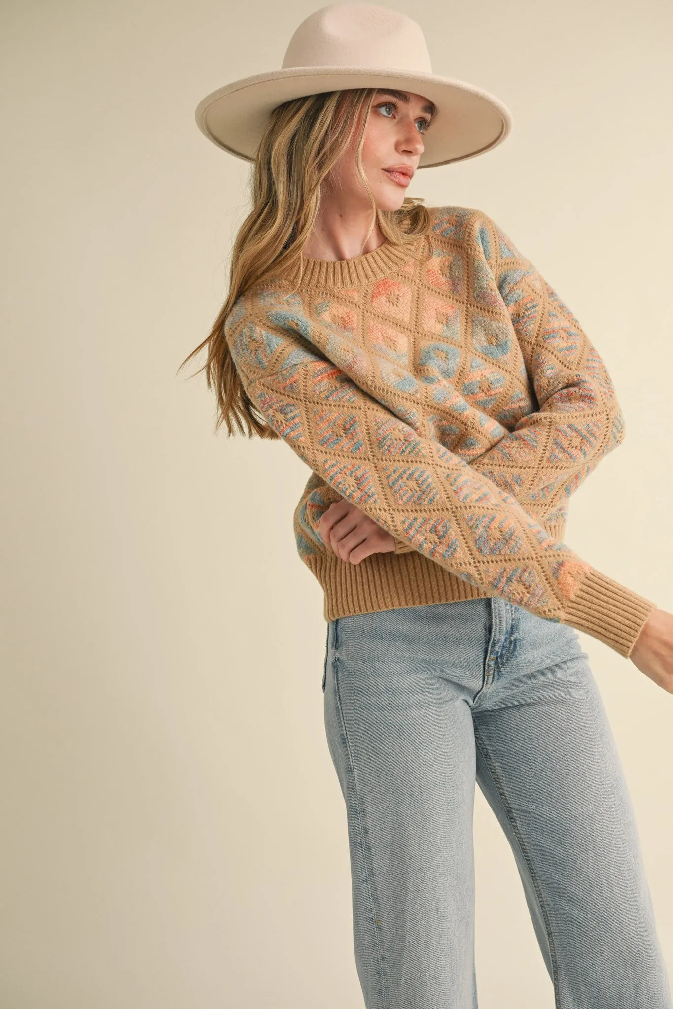 MULTI COLOR DIAMOND KNIT SWEATER