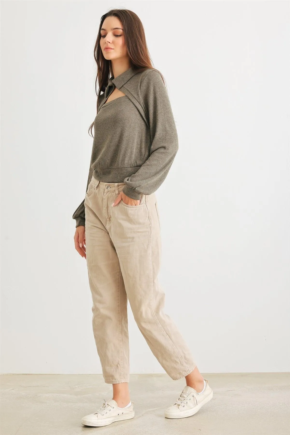 Olive Ribbed Cut-Out Front Collared Neck Long Sleeve Top /2-2-2