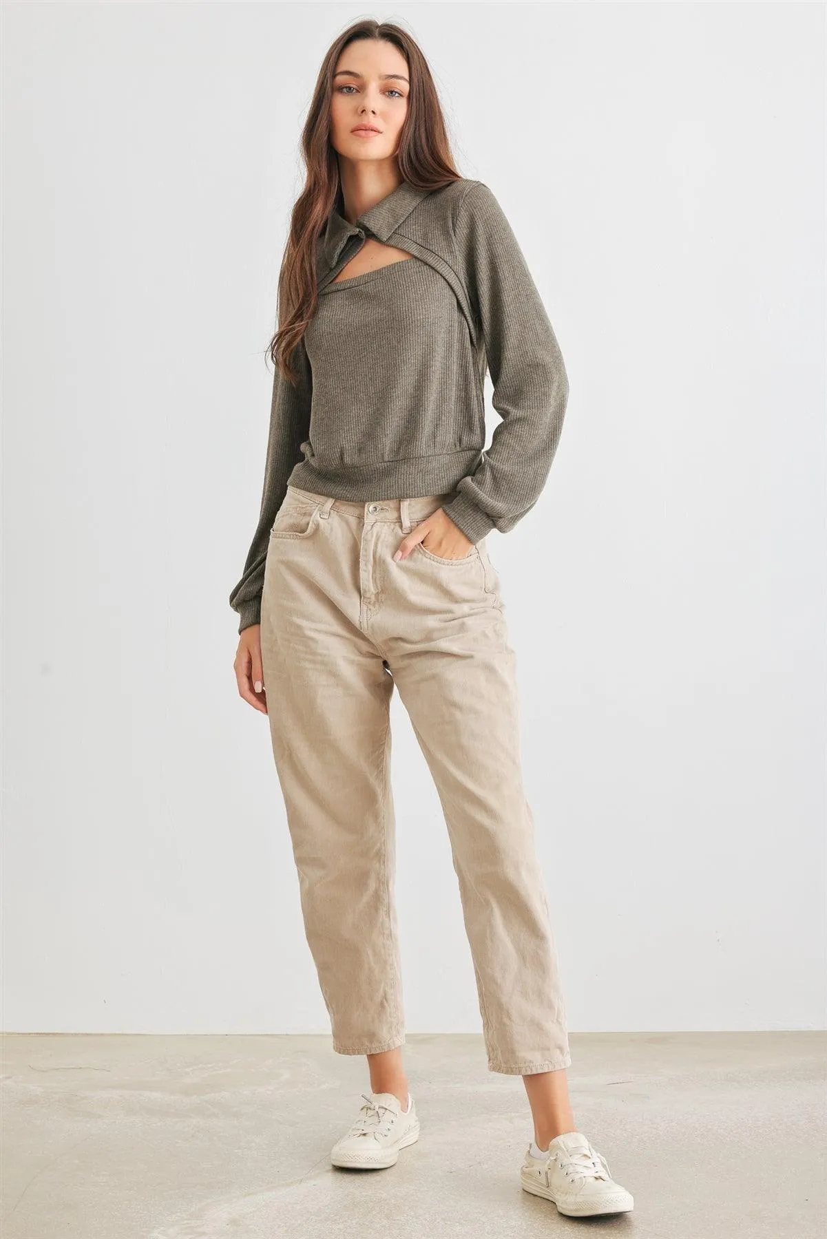 Olive Ribbed Cut-Out Front Collared Neck Long Sleeve Top /2-2-2