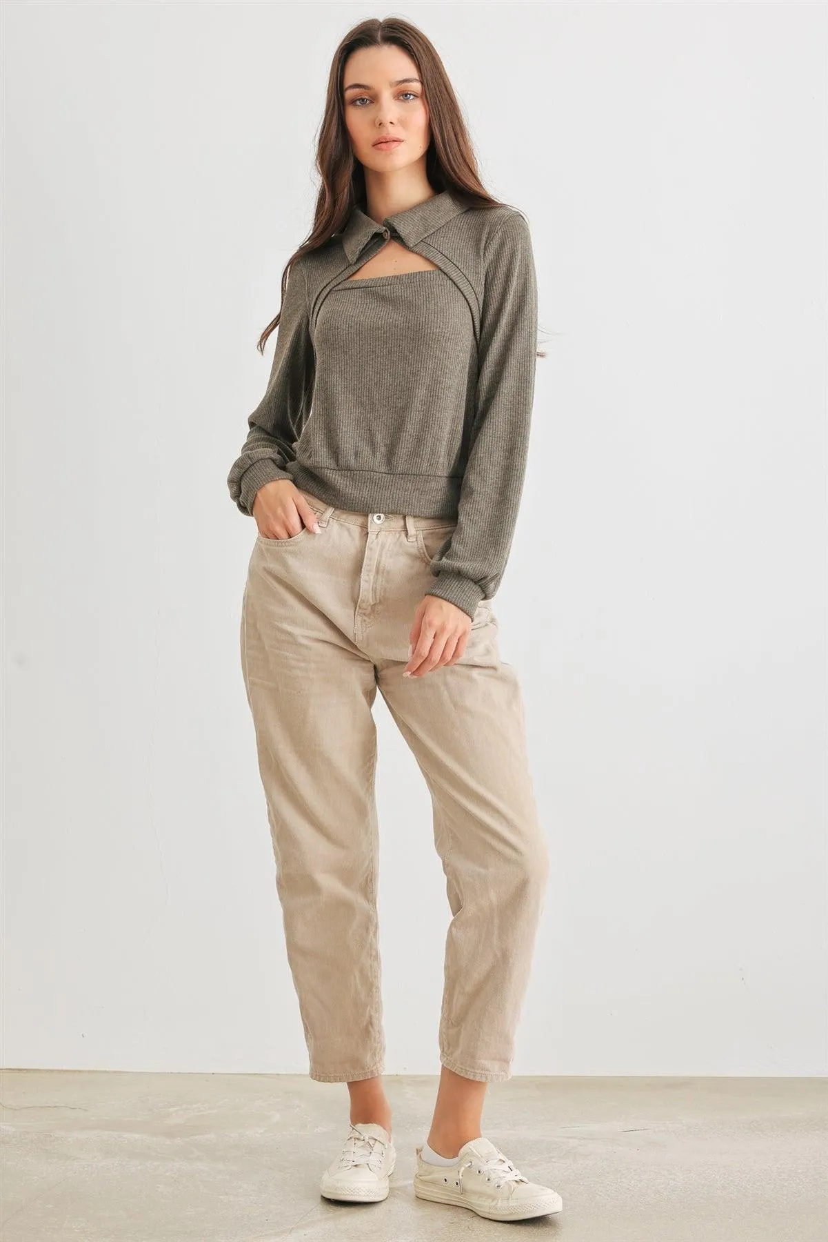 Olive Ribbed Cut-Out Front Collared Neck Long Sleeve Top /2-2-2