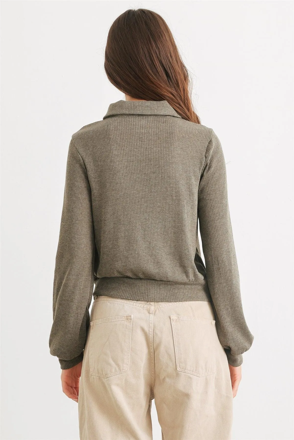 Olive Ribbed Cut-Out Front Collared Neck Long Sleeve Top /2-2-2