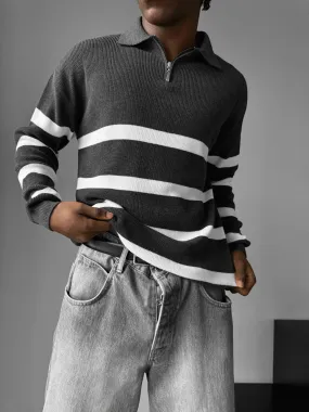 Oversize Knit Crop Polo Sweater - Anthracite