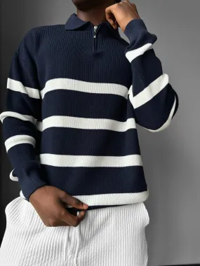 Oversize Knit Crop Polo Sweater - Dark Blue