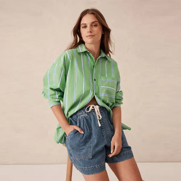 Oversized Shirt - Grass Green   Oxford Blue Stripe