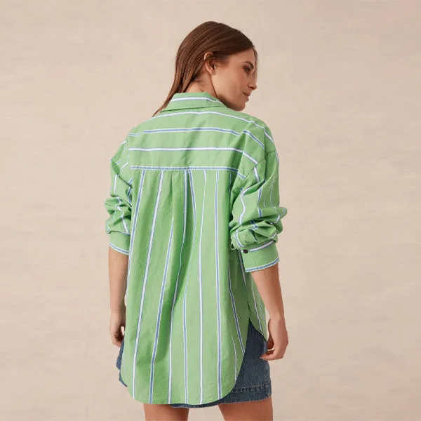 Oversized Shirt - Grass Green   Oxford Blue Stripe