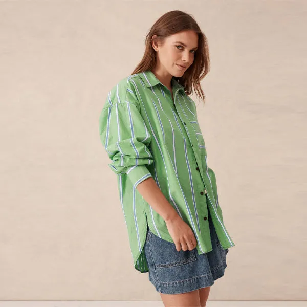 Oversized Shirt - Grass Green   Oxford Blue Stripe