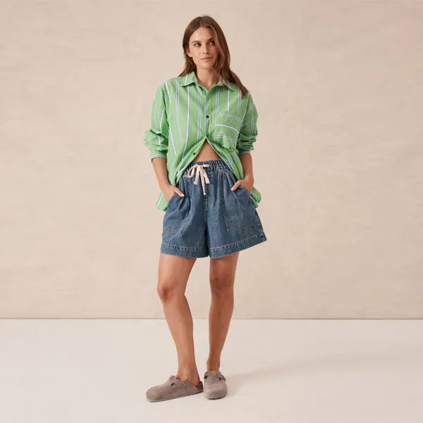 Oversized Shirt - Grass Green   Oxford Blue Stripe