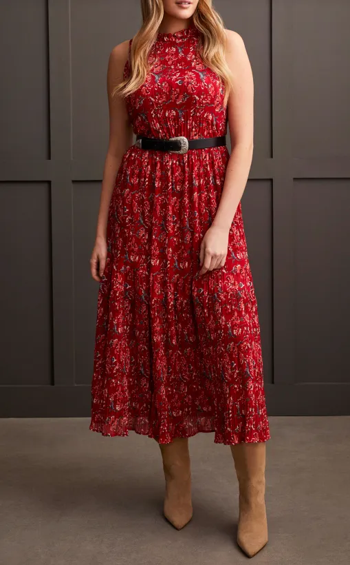 Printed Plisse Halter Maxi Dress - Scarlet