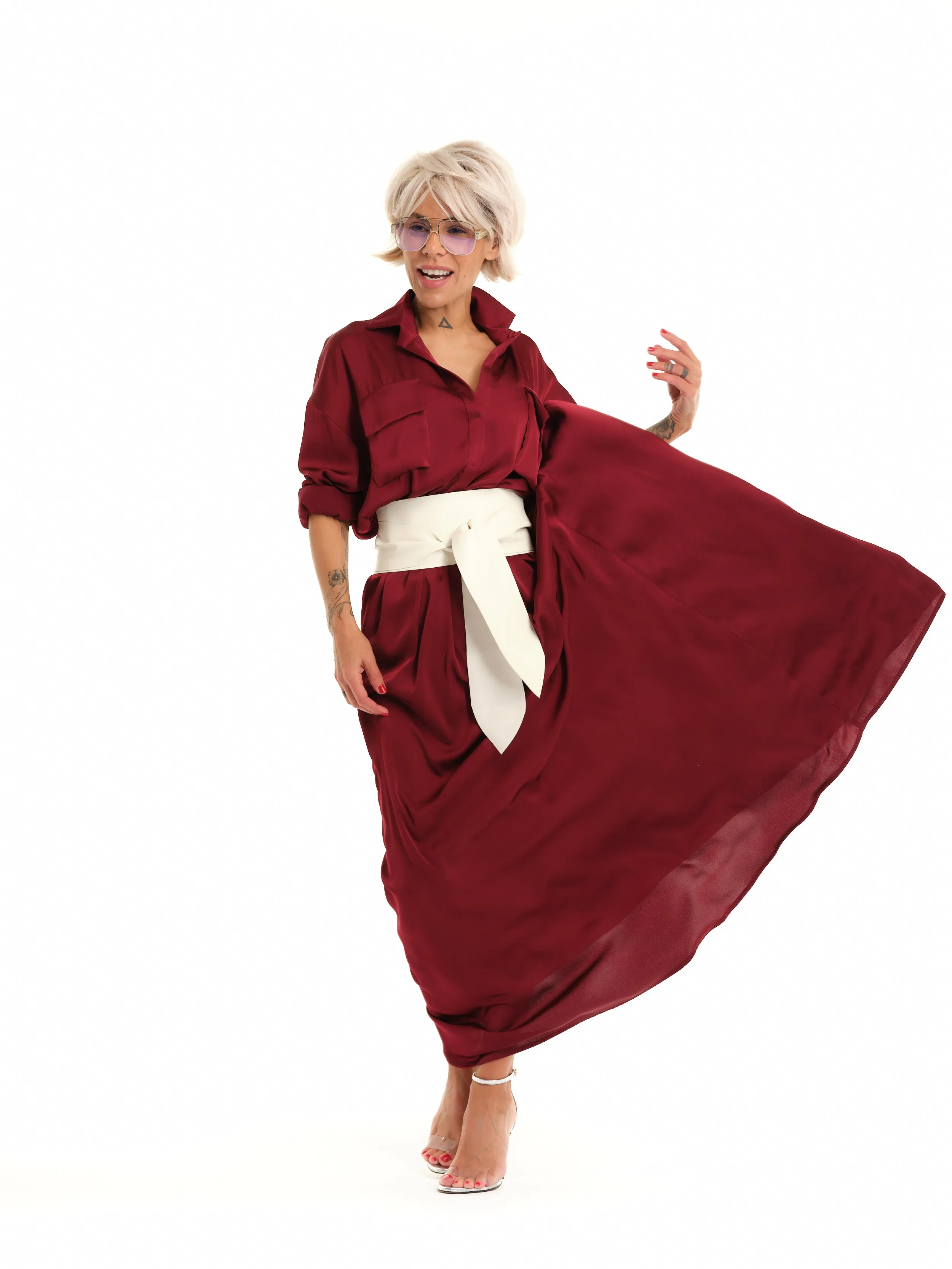 Red Belted Maxi Shirt Dress
