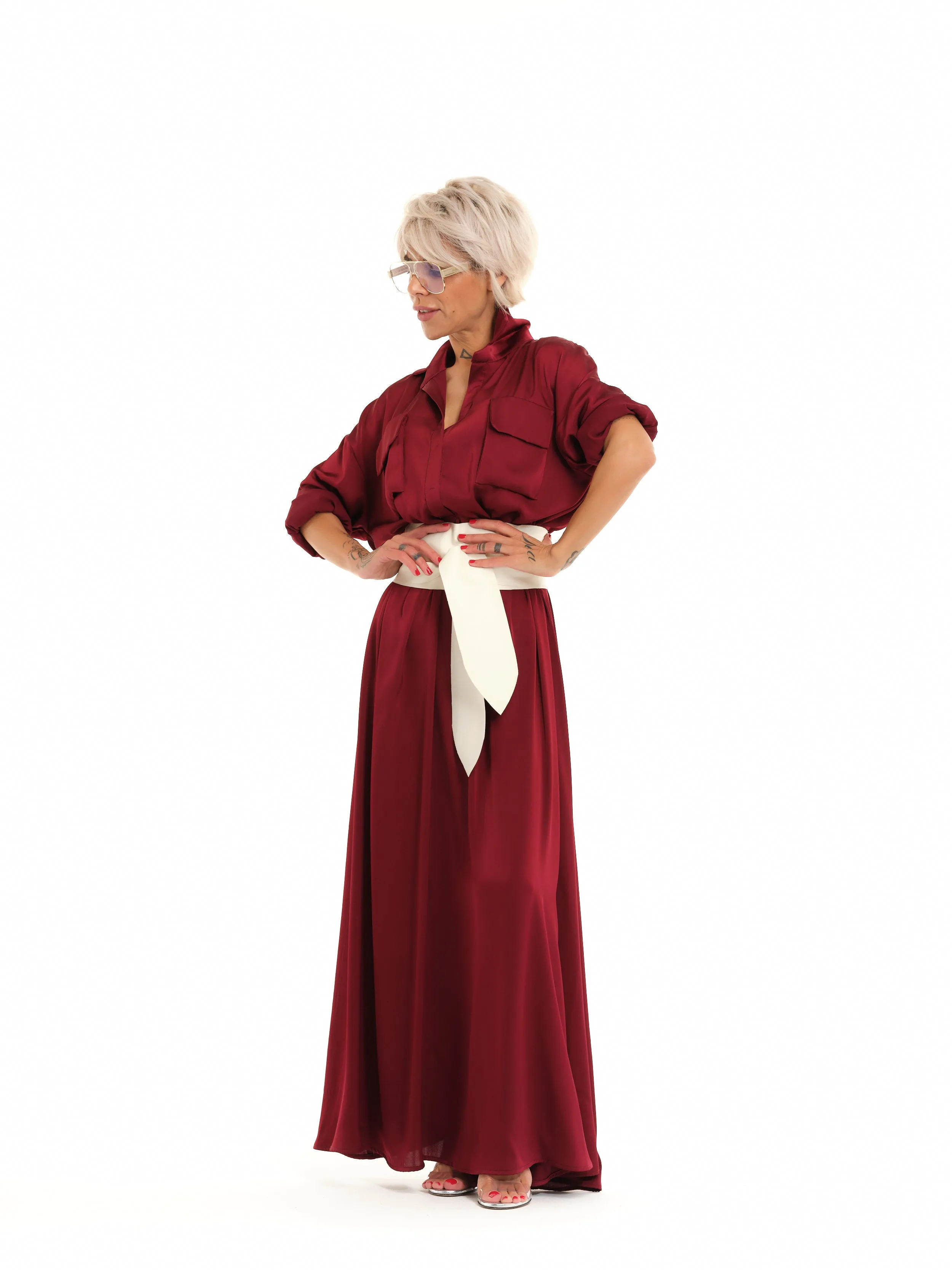 Red Belted Maxi Shirt Dress