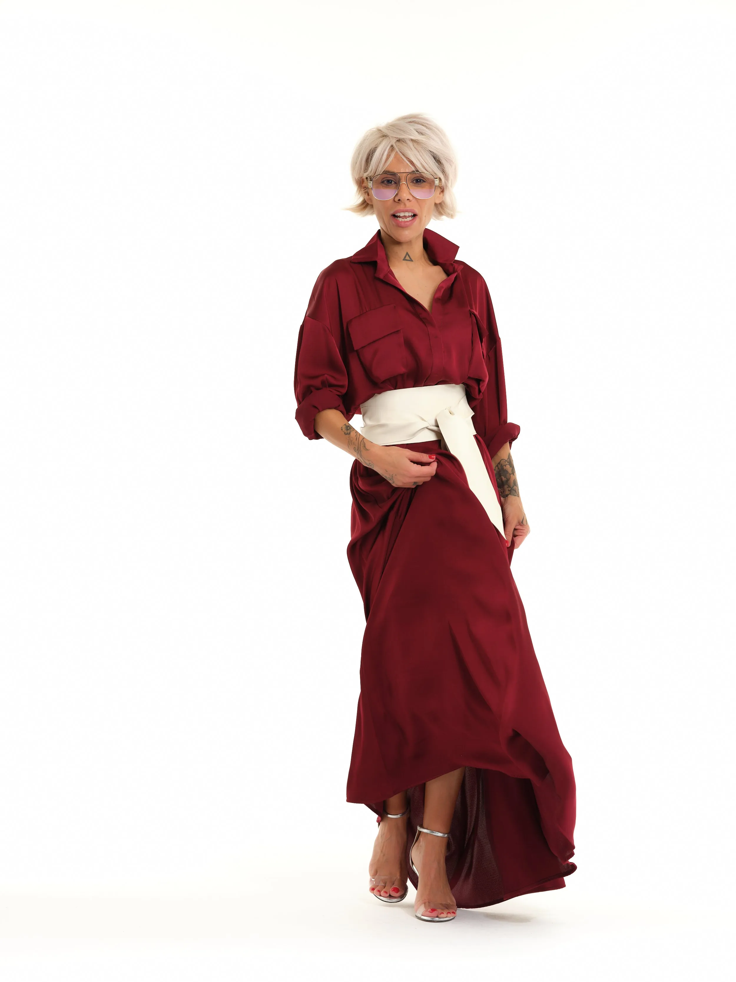 Red Belted Maxi Shirt Dress